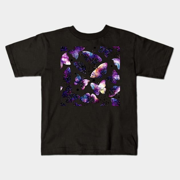 Watercolor Colorful Galaxy, Butterflies and Black Dots Kids T-Shirt by Cordata